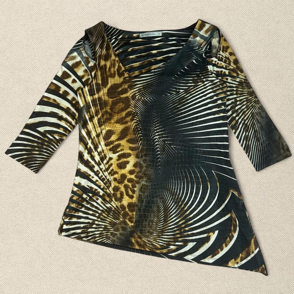 Y2K Asymmetrical Cheetah Mixed Trippy Pattern 1/2 Sleeve sz S Mesmerize